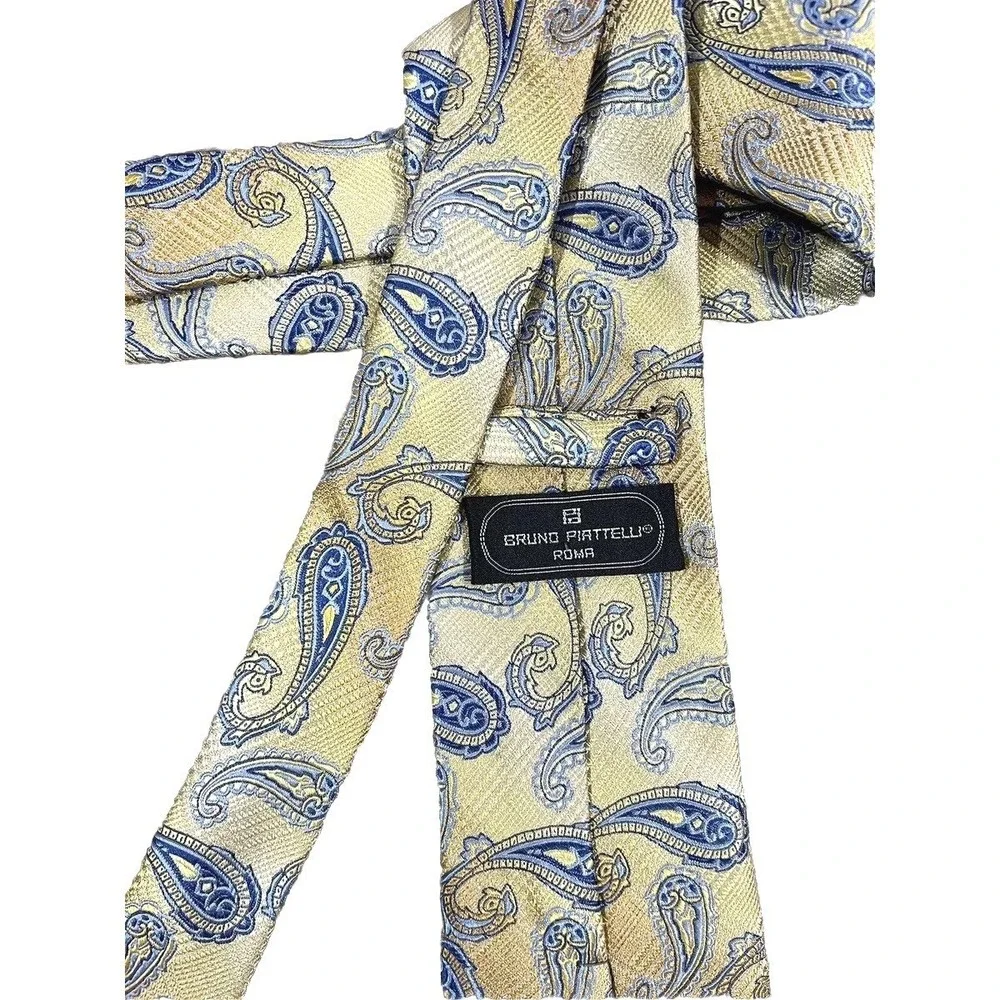Bruno Piattelli Mens Tie 100% Silk Handmade Designer Italy Yellow‎ Blue Paisley